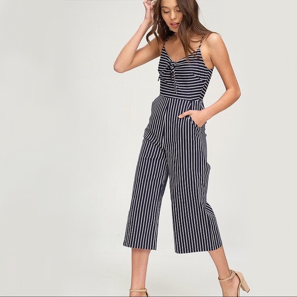 SALE! Navy Striped Wide Legged Crop Jumpsuit Capri - Picture 6 of 6